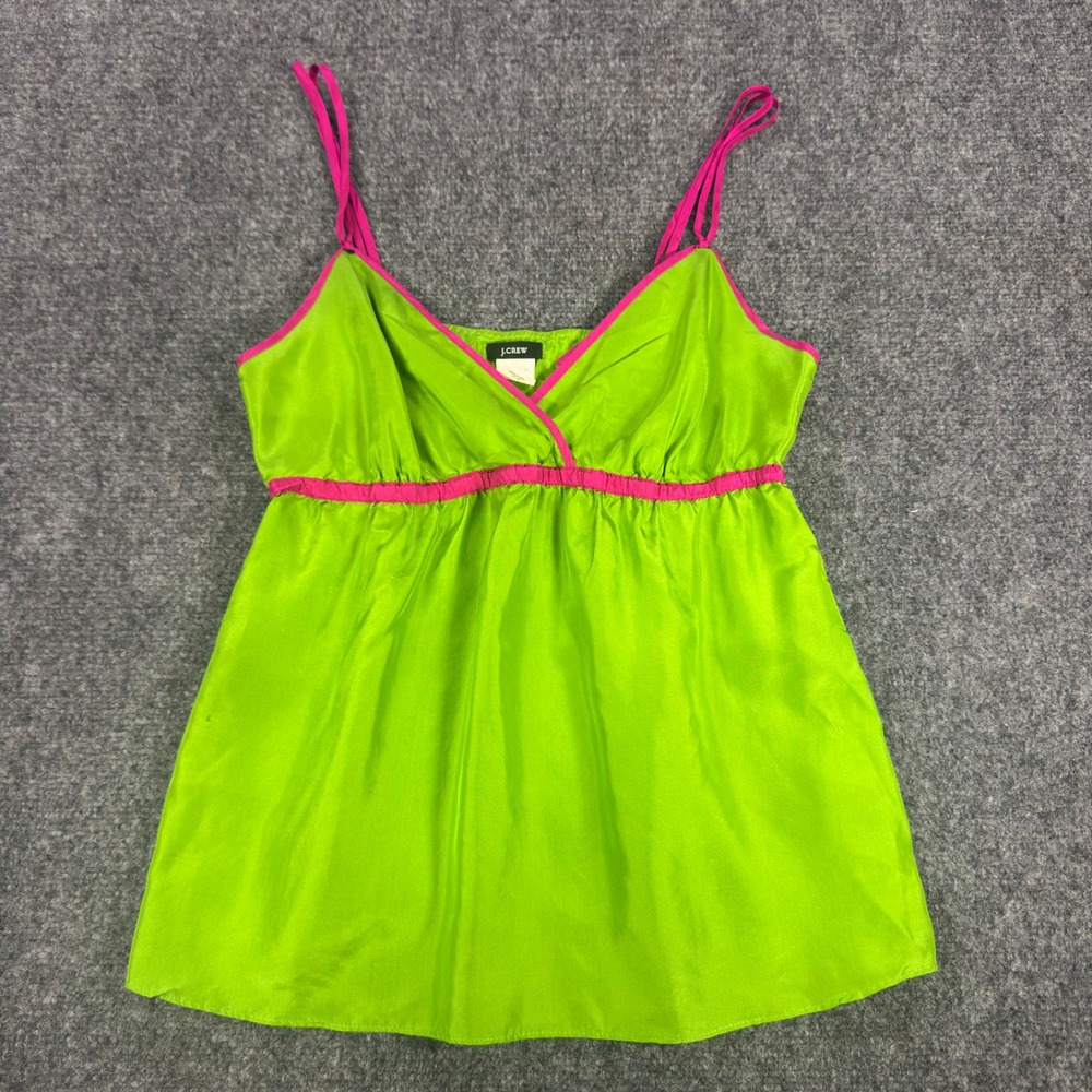 Y2K J.Crew Silk Empire Waist Camisole Top Lime Green Pink Trim Size 2